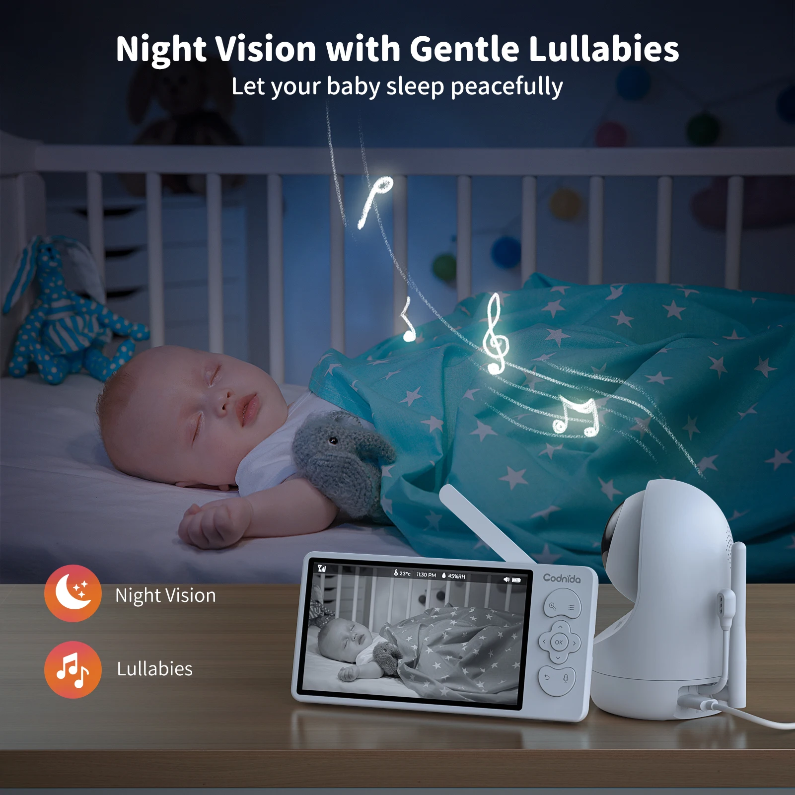 Babyphone Caméra 2K Écran LCD 5.5" - Détection & Audio Bidirectionnel Fonction PTZ et zoom 4x du babyphone
