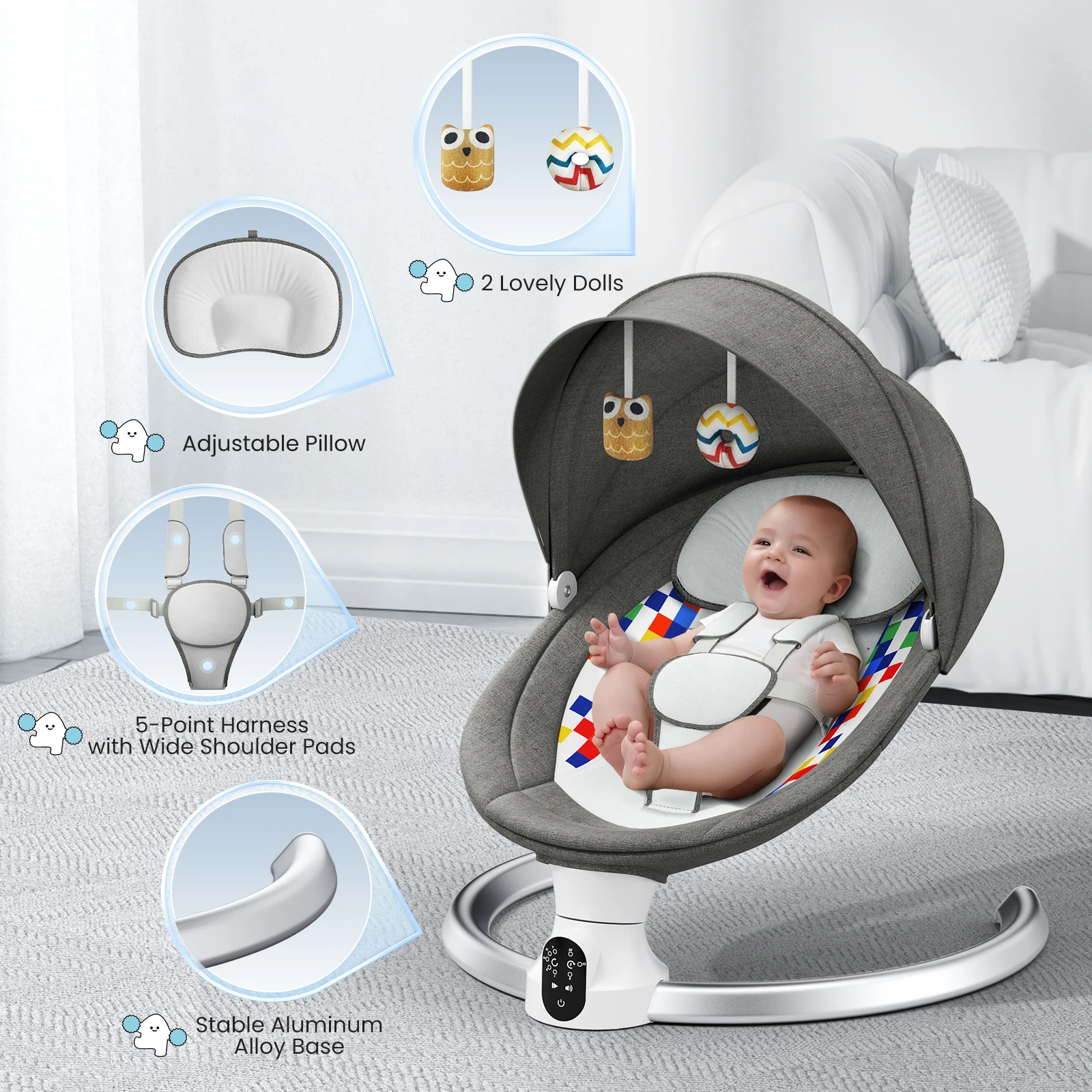 Transat Bébé Électrique Intelligent - 5 Vitesses, Musique & App/BT Bébé souriant et apaisé dans le transat électrique, avec des jouets suspendus