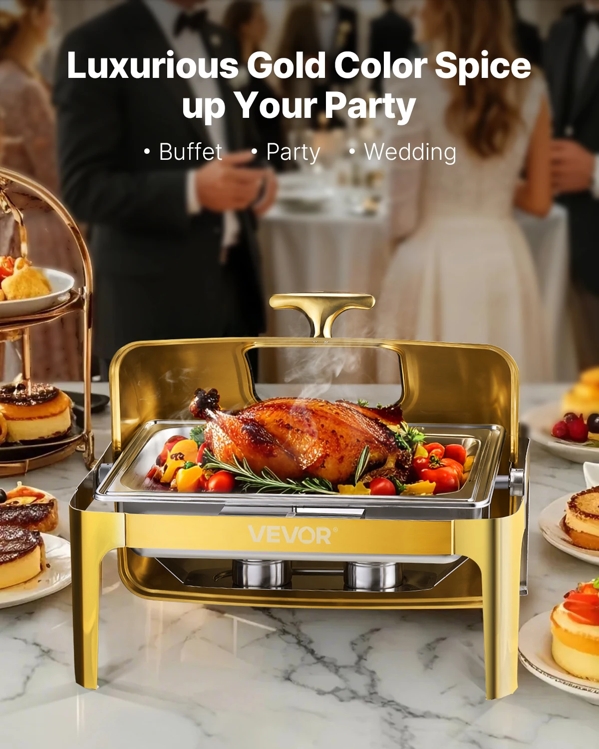 Chauffe-Plats Rectangulaire 9L Acier Inox - Service Buffet Élégant Buffet élégant avec chauffe-plats SucceBuy en acier inoxydable et son couvercle transparent