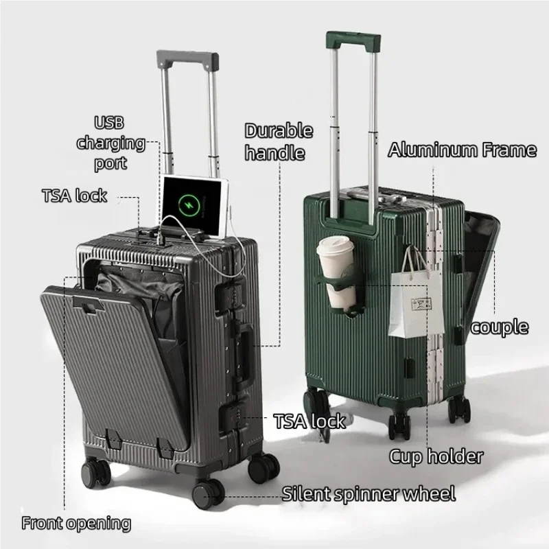 Détail de la poche frontale et du port USB de la valise