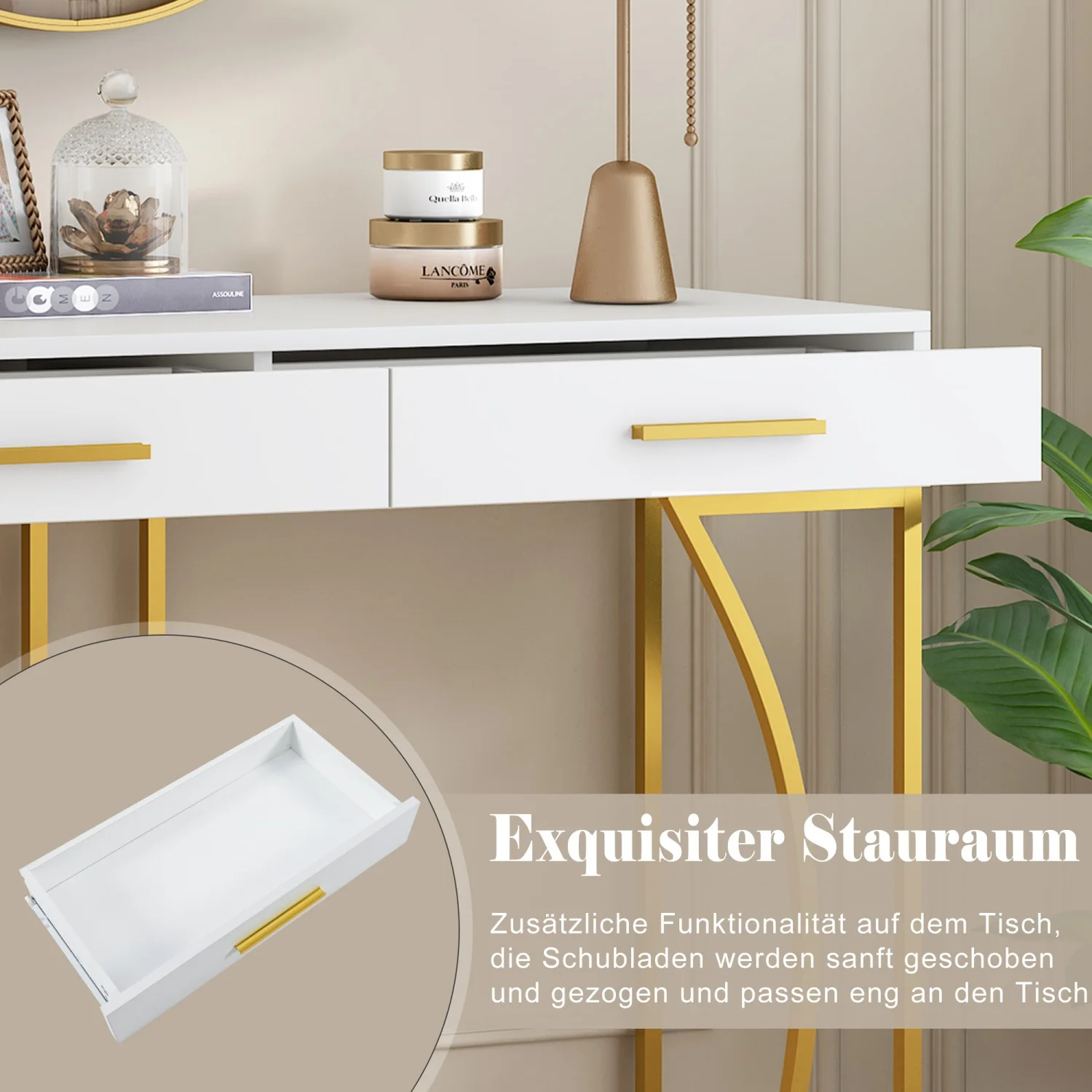 Console Design Luxe Blanche & Dorée - Coiffeuse et Table d'Appoint Pieds ajustables et base robuste de la console luxe