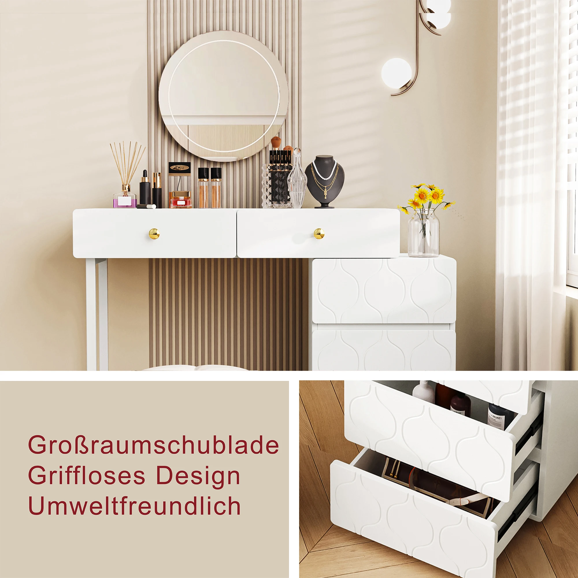 Coiffeuse Moderne Modulable 5 Tiroirs - Design Ondulé Blanc Vue latérale de la coiffeuse avec ses pieds élégants