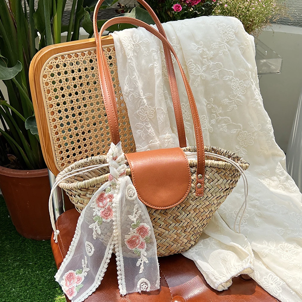 Sac Cabas Paille Tissé Femme - Grand Sac de Plage & Voyage Élégant Détail du ruban décoratif et de l