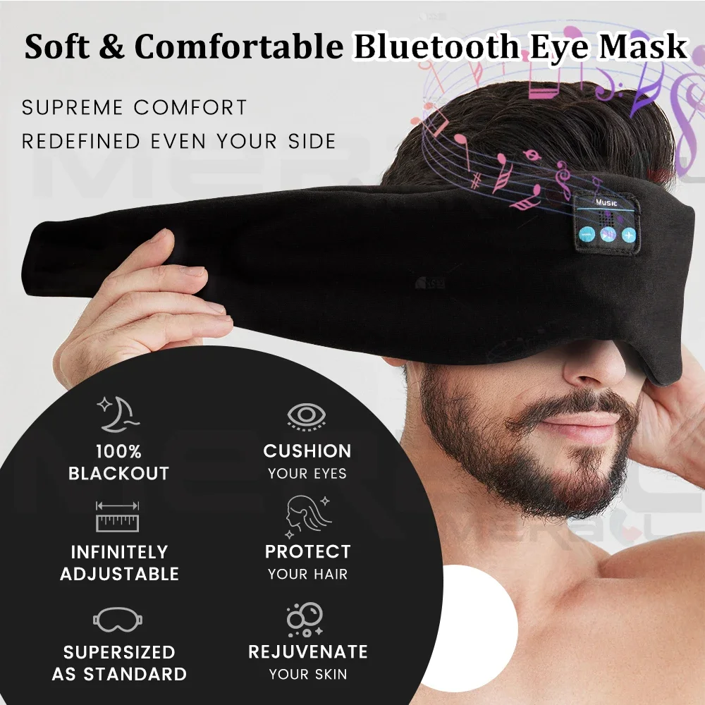 Masque Sommeil Bluetooth avec Écouteurs - Voyage & Détente Personne portant le masque de sommeil Bluetooth avec écouteurs intégrés