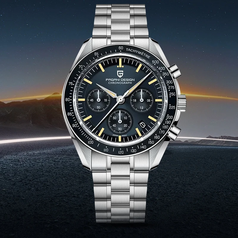 Montre Homme Pagani Design - Chronographe Quartz Acier Luxe Rétro Vue de face de la montre Pagani Design Moonwatch