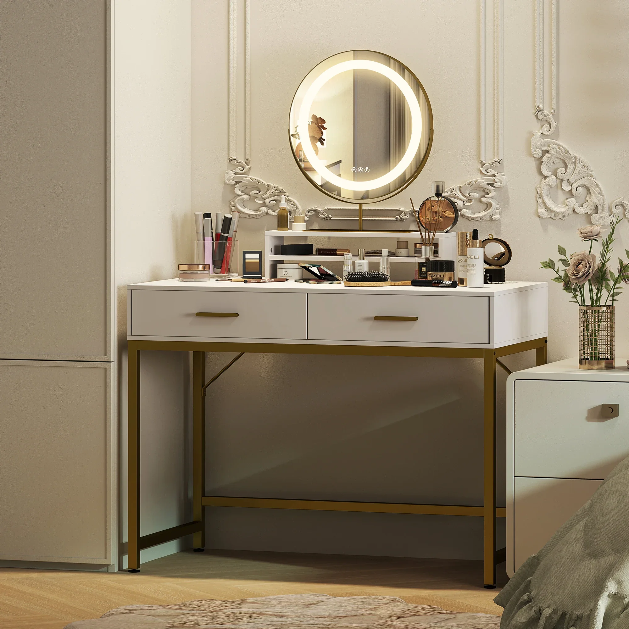 Coiffeuse Miroir LED Pivotant - Table Maquillage Rangement Élégant Coiffeuse moderne avec miroir LED pivotant et rangement