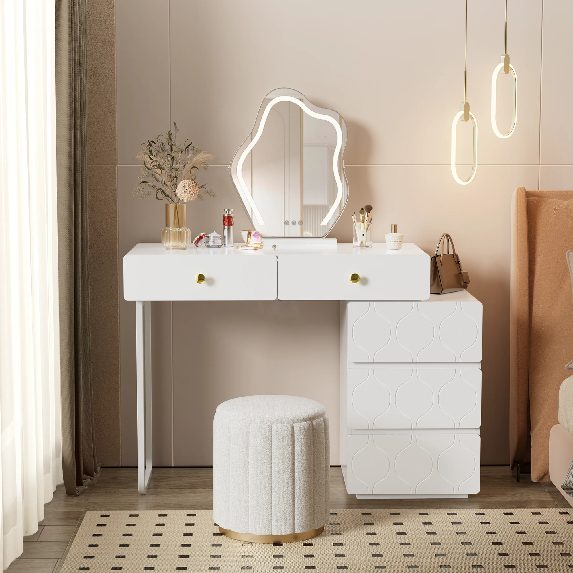 Coiffeuse Moderne Modulable 5 Tiroirs - Design Ondulé Blanc Détail des 5 tiroirs de la coiffeuse blanche