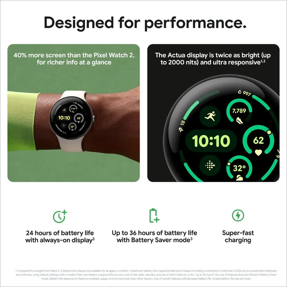 Google Pixel Watch 3 - Montre Connectée Android Performance Gros plan sur le cadran rond de la Pixel Watch 3 affichant l