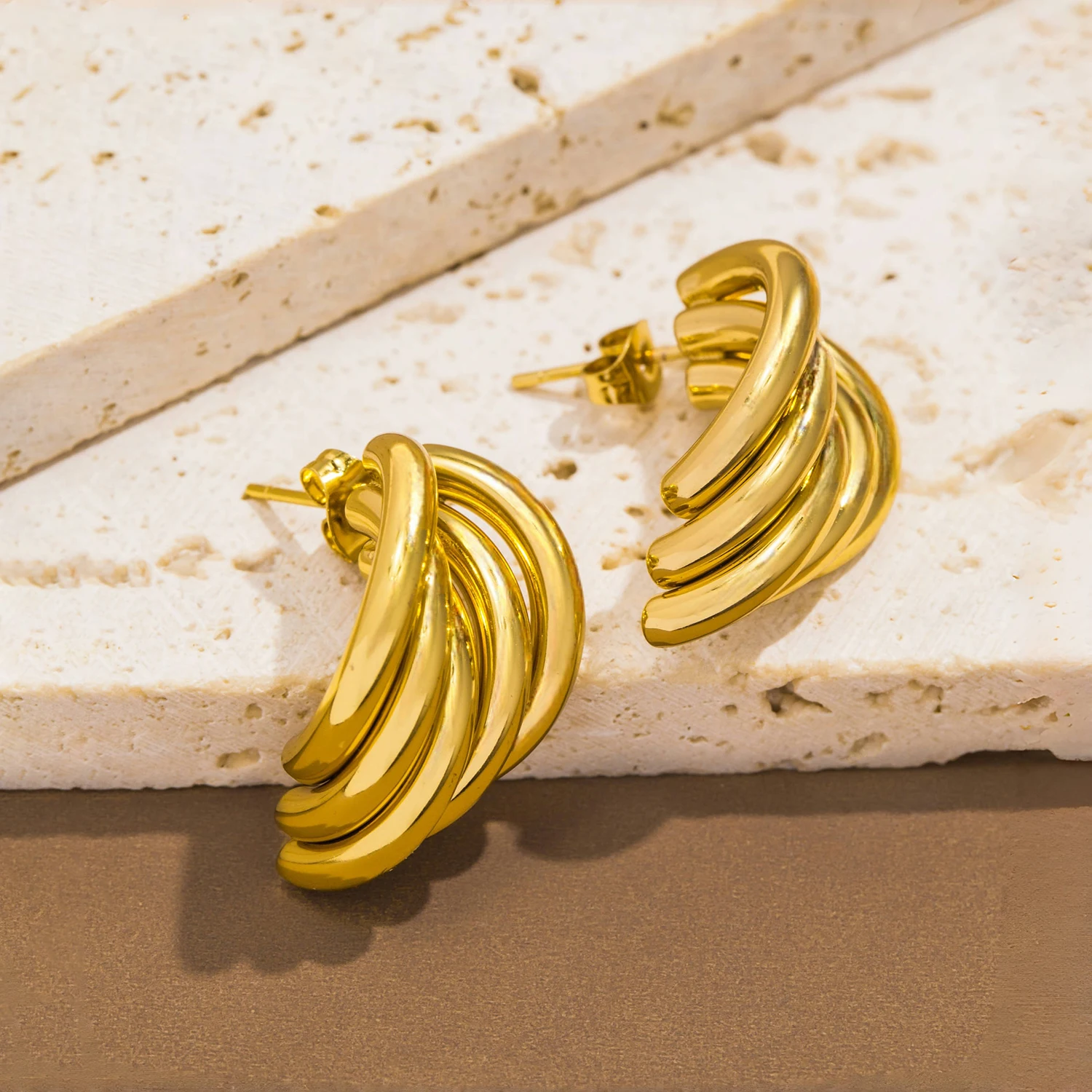 Boucles d'Oreilles Créoles Géométriques Irrégulières Dorées Acier Inoxydable Boucles d