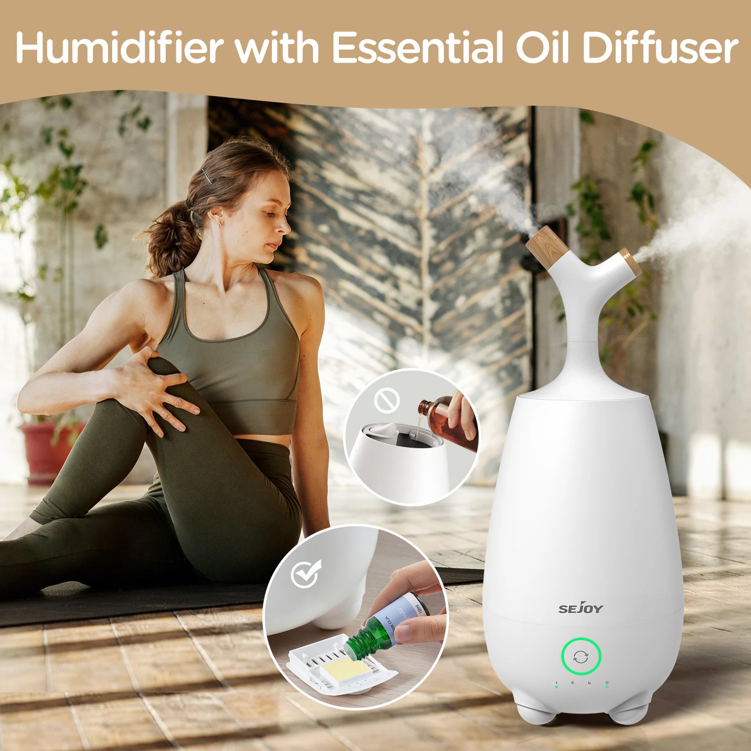 Humidificateur Sejoy dans un intérieur moderne, contrôlé à distance par une télécommande