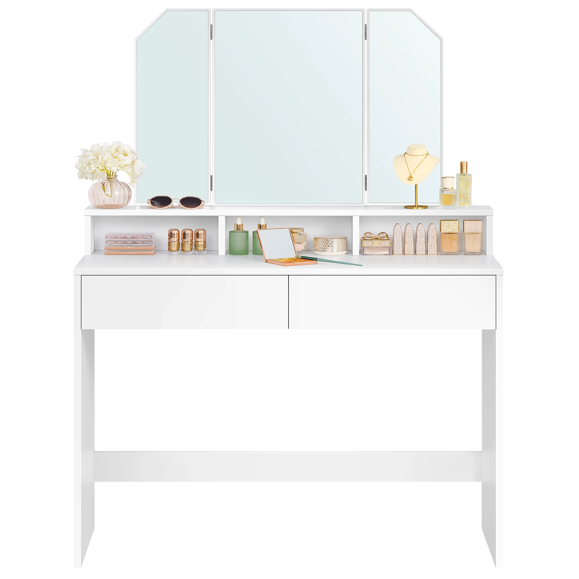Coiffeuse moderne blanche avec miroir tri-volets et rangements élégants
