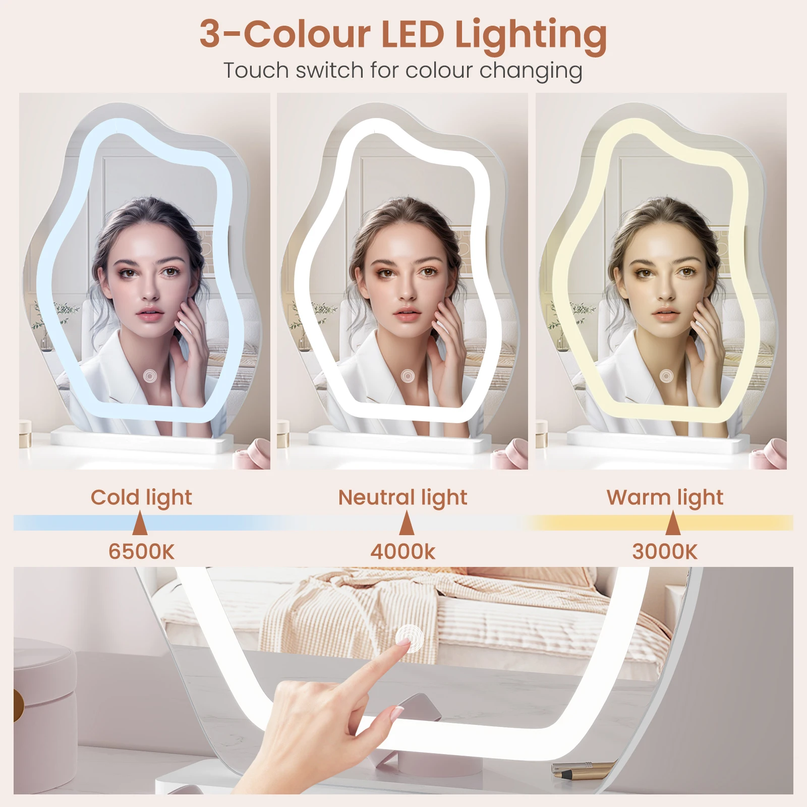 Miroir Maquillage LED Nuage - Lumière Dimmable 3 Couleurs Bouton tactile d