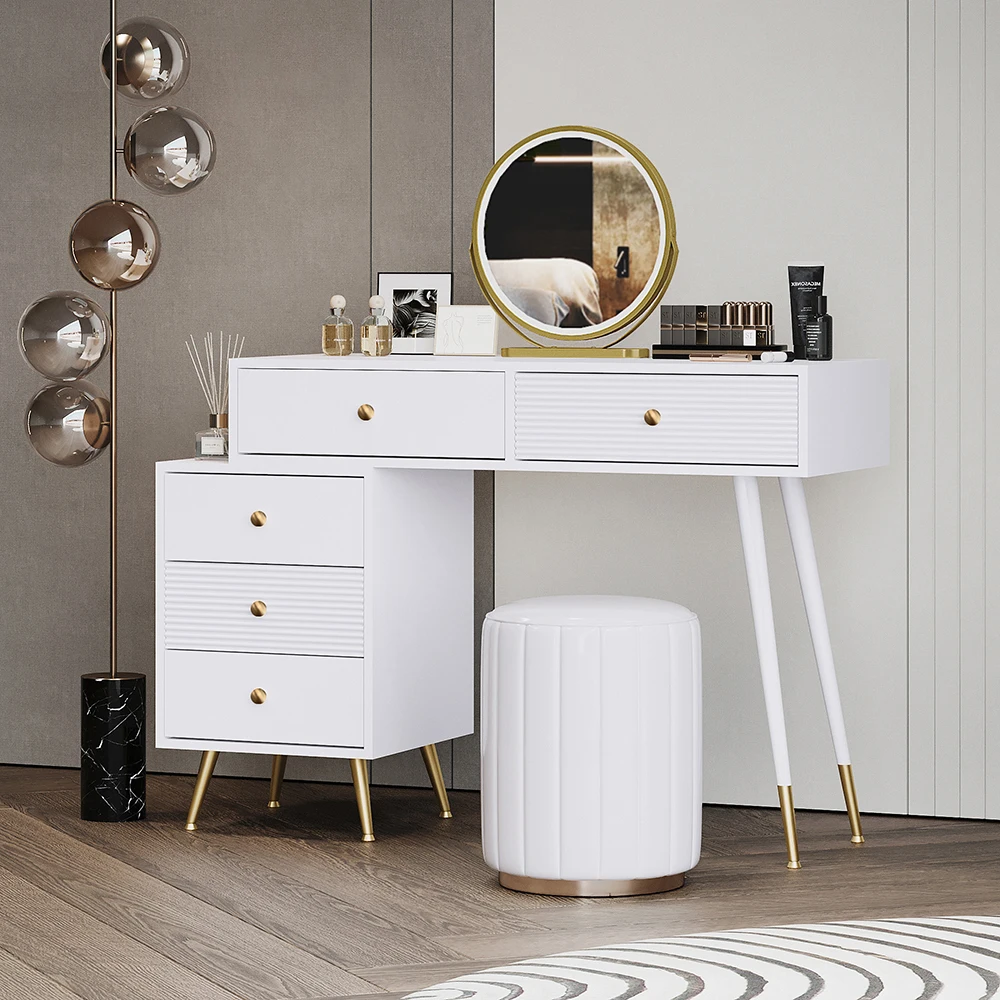 Coiffeuse blanche design avec éclairage LED dans une chambre moderne