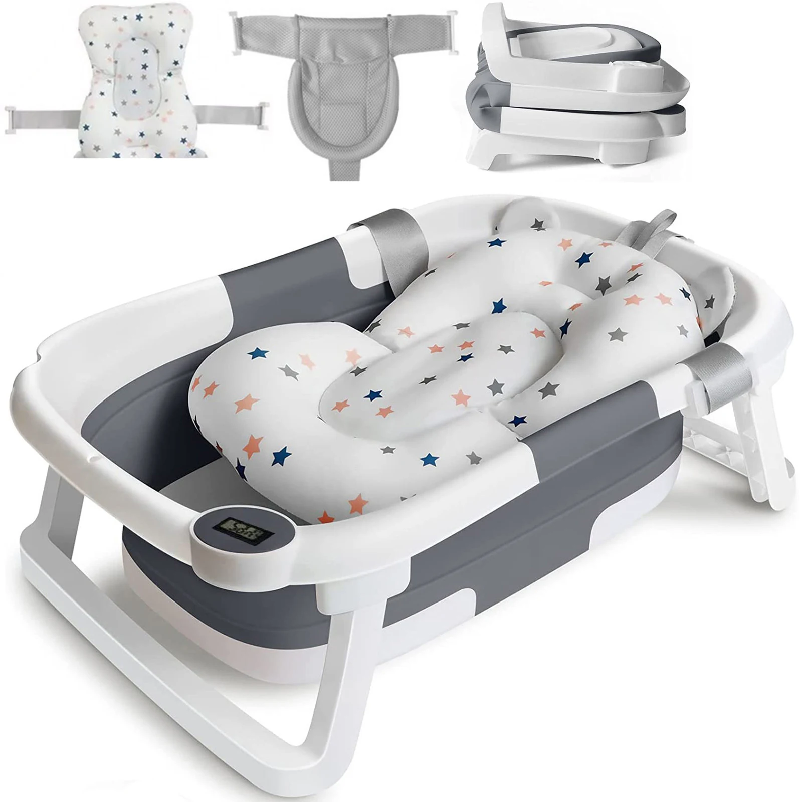 Baignoire Bébé Pliante Thermomètre Intégré - Éco-friendly & Sûre Baignoire bébé pliable avec thermomètre et tapis de bain doux
