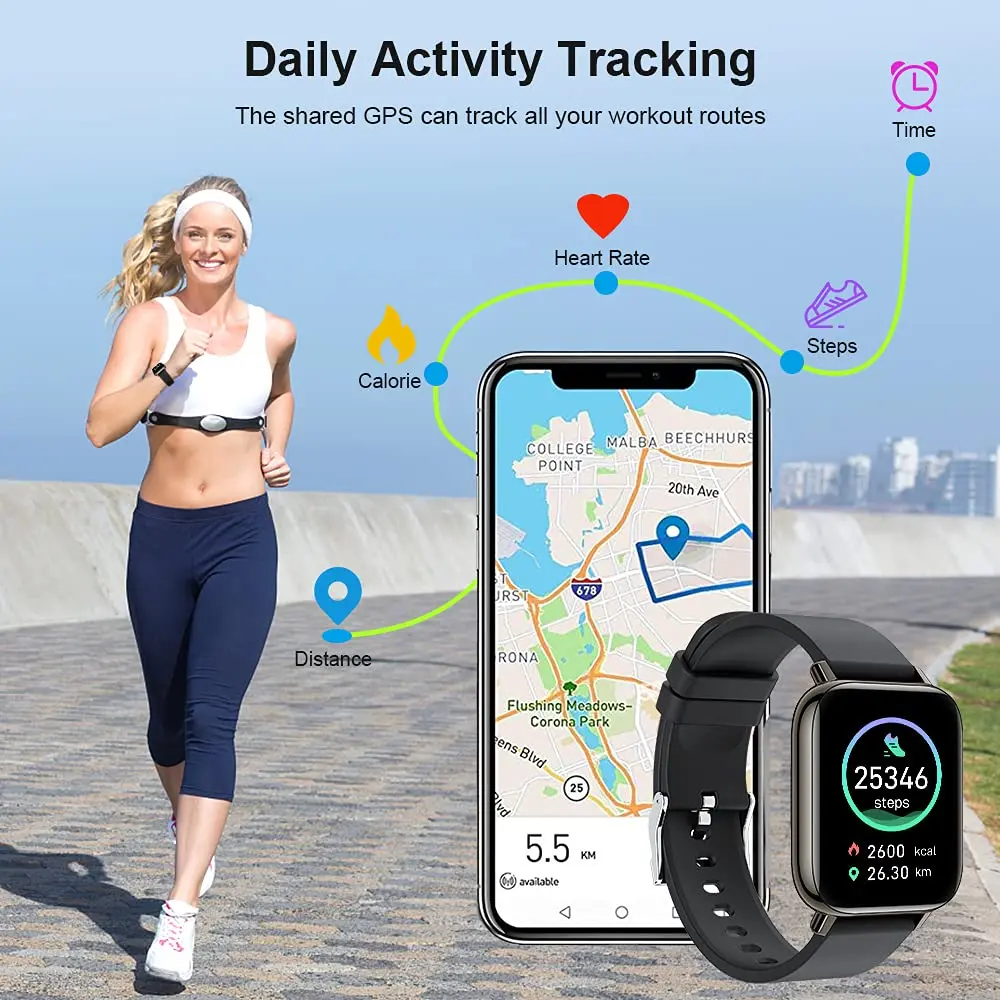 Montre Connectée Fitness Nerunsa - Suivi Santé & Activité 1.69'' Femme utilisant la montre connectée Nerunsa pour le sport