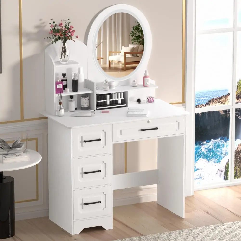 Coiffeuse Moderne Miroir LED & Rangement - Table Maquillage Chambre Coiffeuse blanche avec étagères de rangement ouvertes