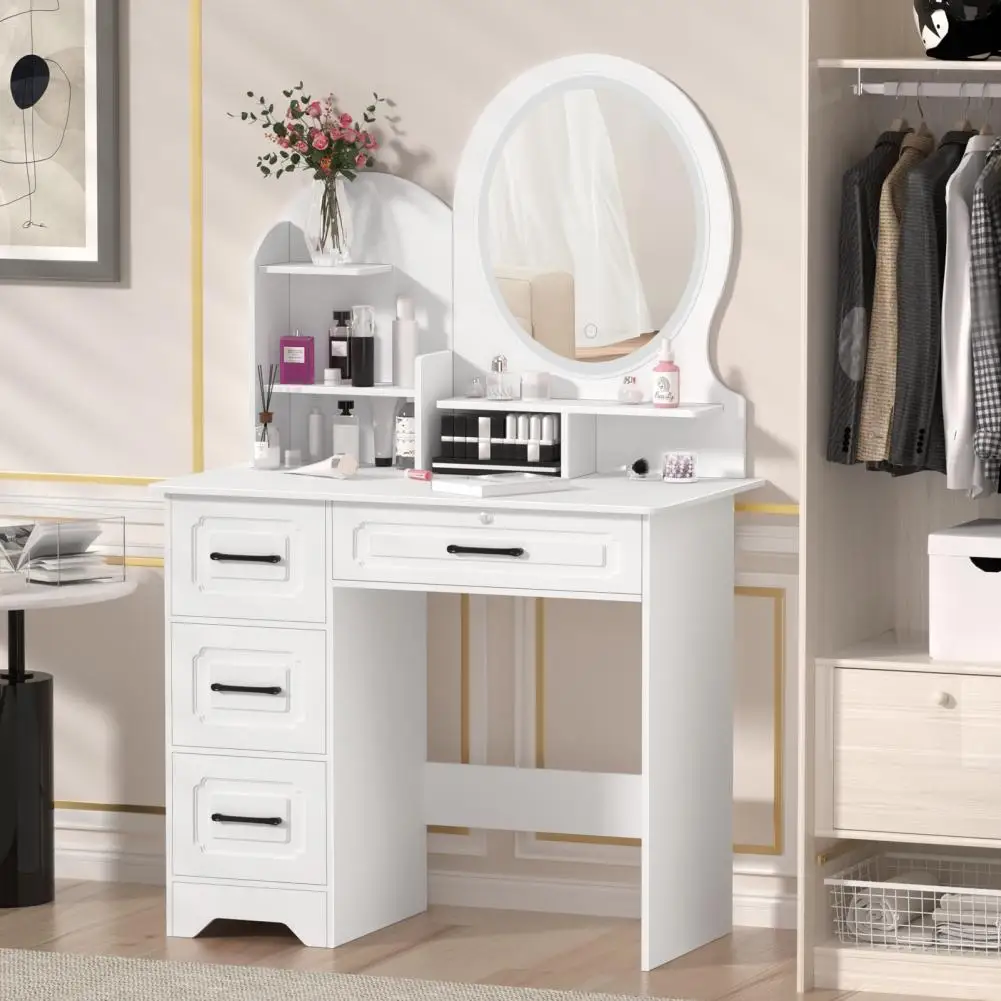 Coiffeuse Moderne Miroir LED & Rangement - Table Maquillage Chambre Femme utilisant la coiffeuse moderne avec miroir LED éclairé