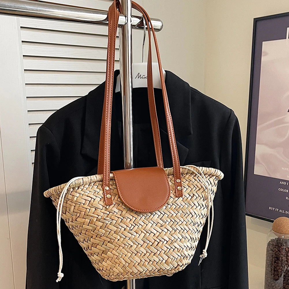 Sac Cabas Paille Tissé Femme - Grand Sac de Plage & Voyage Élégant Sac cabas en paille avec des fruits d