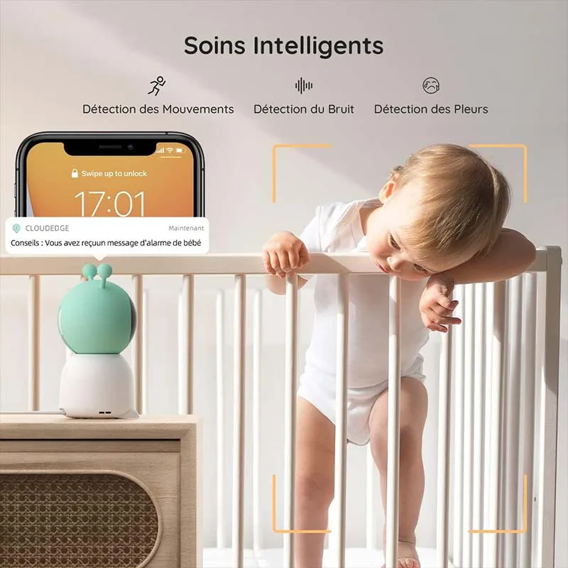 Babyphone Caméra 2K HD 5" - Veilleuse & Suivi Bébé Connecté Fonctionnalités babyphone intelligent détection mouvement cris berceuses