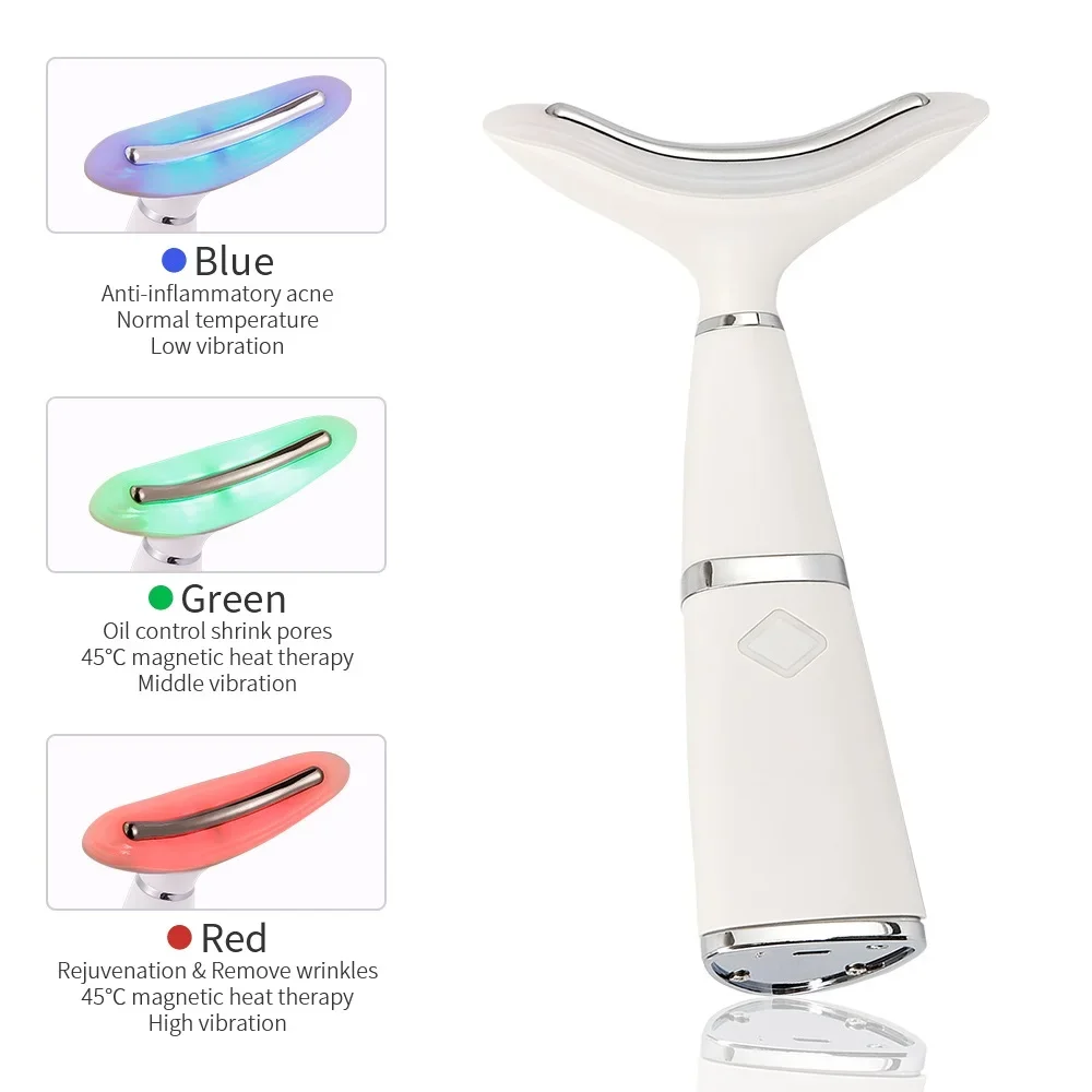 Masseur visage et cou LED avec ses différentes lumières de thérapie