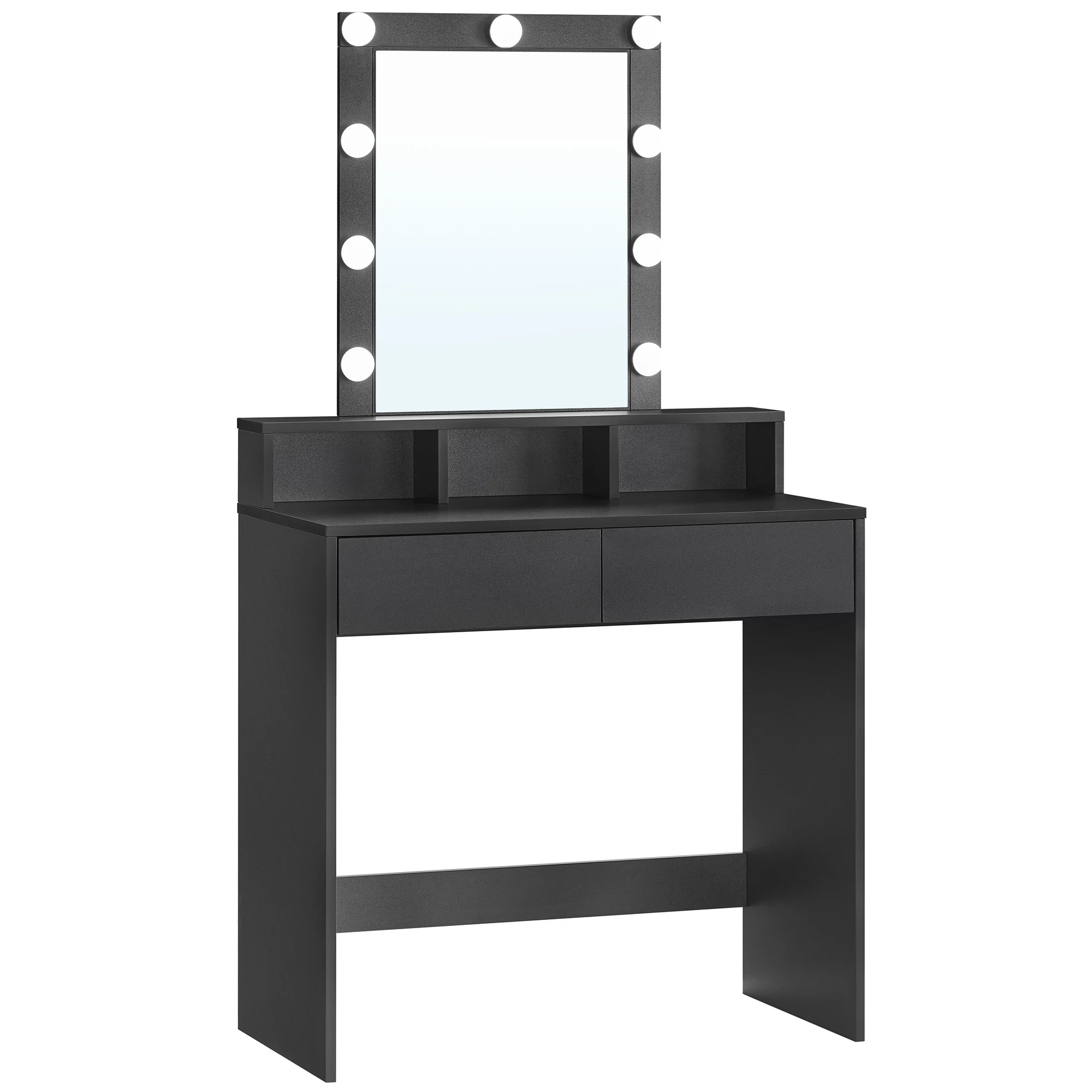 Coiffeuse Moderne LED - Rangement Intégré, Éclairage Ajustable Coiffeuse moderne et robuste en bois avec tiroirs ouverts et étagères