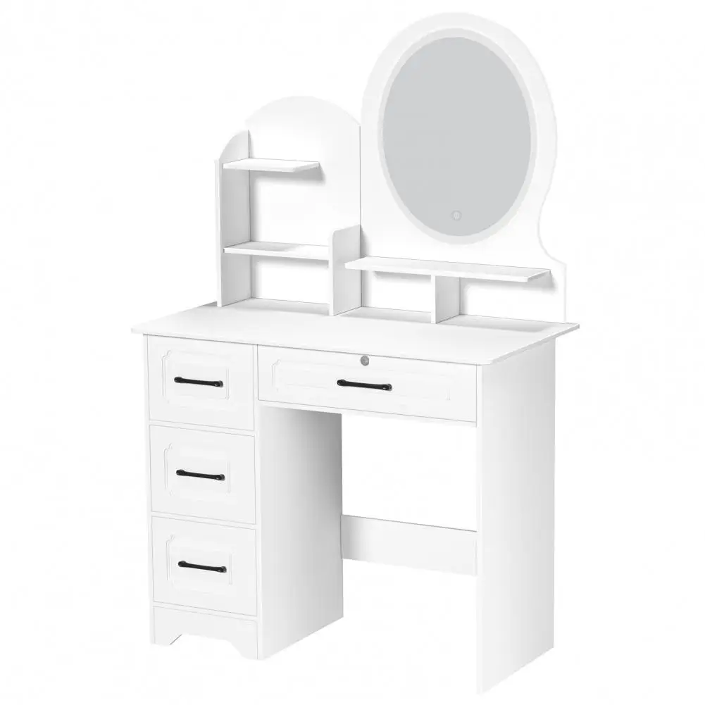 Coiffeuse Moderne Miroir LED & Rangement - Table Maquillage Chambre Détail du miroir LED et des bords de la coiffeuse