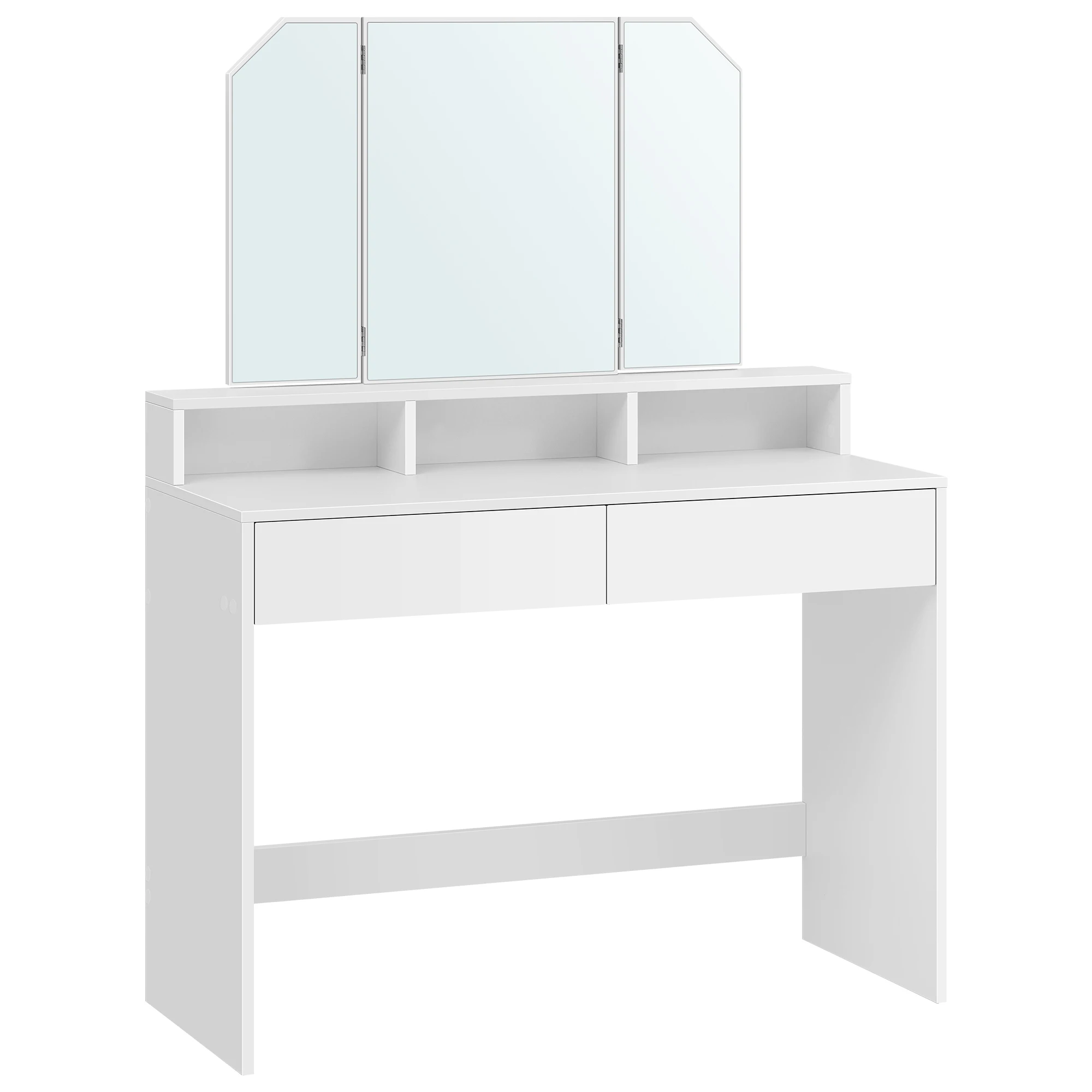 Coiffeuse fermée avec miroir plié, design épuré en mélaminé blanc