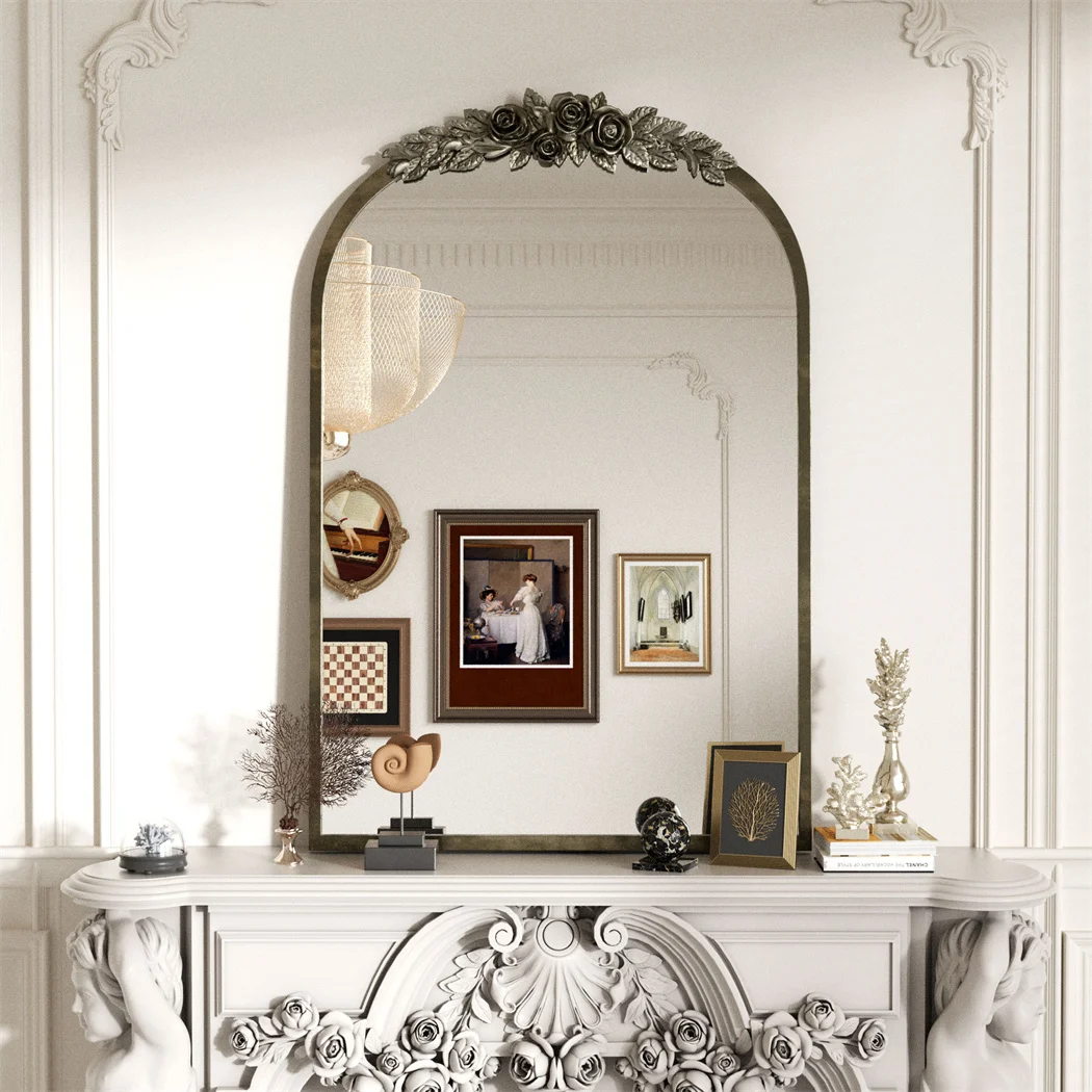Miroir Mural Baroque Doré Arqué - Décoration Vintage Élégante Miroir mural baroque arqué avec cadre doré et roses en résine