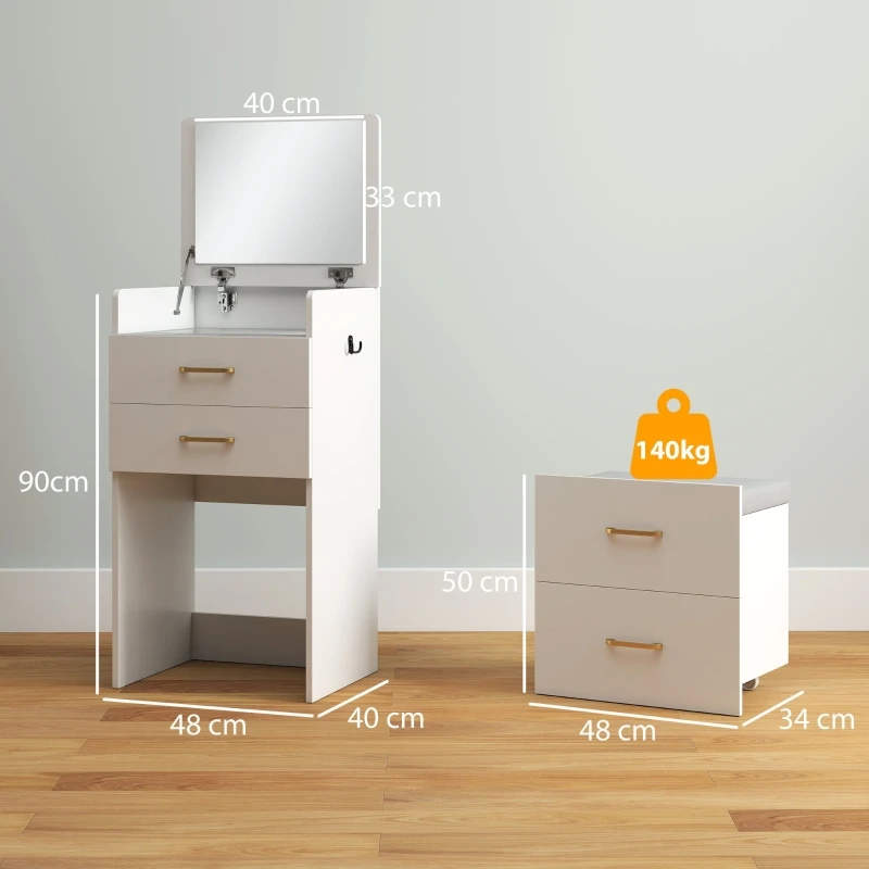 Coiffeuse 3-en-1 Miroir & Tabouret Roulant Blanc - Rangement Chambre Rangement ouvert sous le miroir et tiroirs de la coiffeuse blanche
