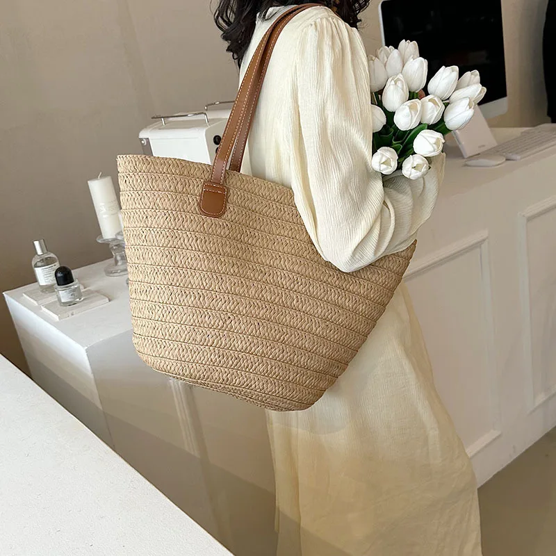 Grand sac cabas en paille pour shopping et ville