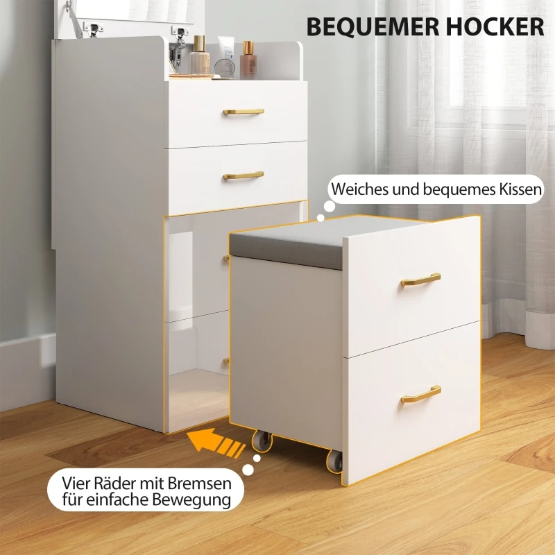 Coiffeuse 3-en-1 Miroir & Tabouret Roulant Blanc - Rangement Chambre Coiffeuse blanche 3-en-1 montrant toutes ses fonctionnalités, vue d