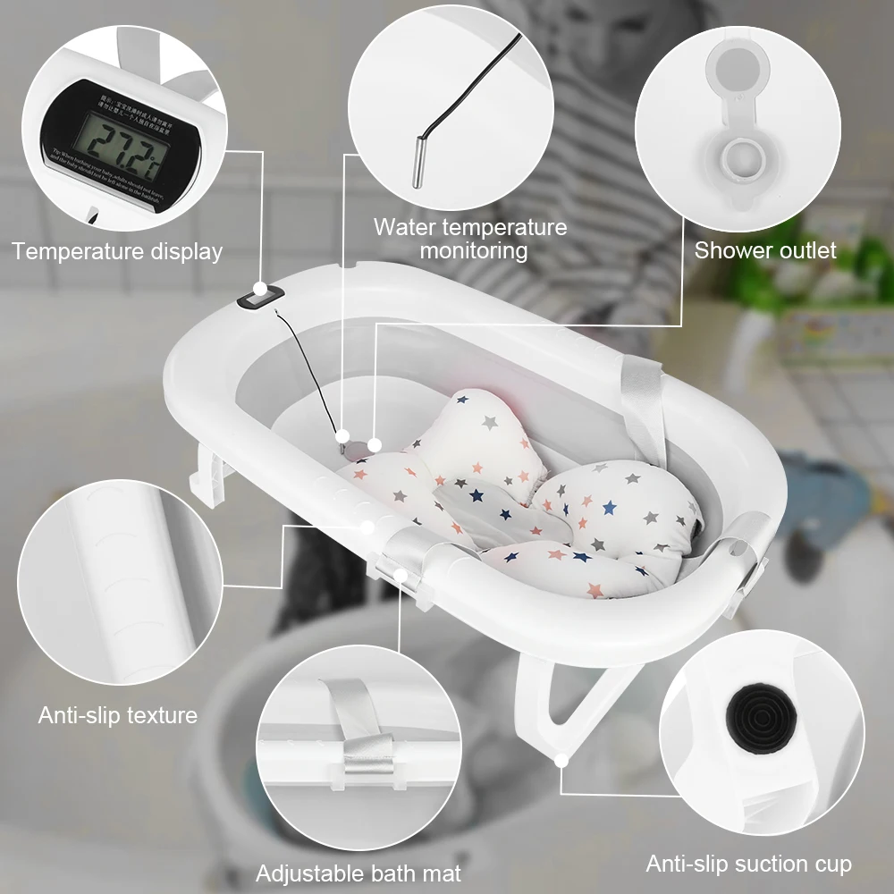 Baignoire Bébé Pliable Thermomètre Intégré - Confort & Sécurité Détail du tapis de bain confortable et du crochet intégré de la baignoire