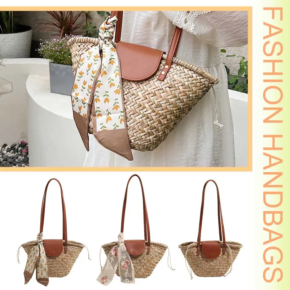 Sac Cabas Paille Tissé Femme - Grand Sac de Plage & Voyage Élégant Détail du tissu en paille et rubans du sac