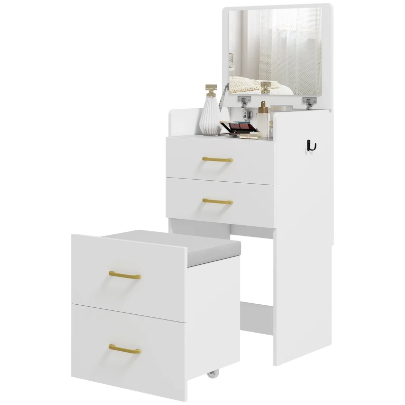 Coiffeuse 3-en-1 Miroir & Tabouret Roulant Blanc - Rangement Chambre Coiffeuse blanche 3-en-1 avec miroir ouvert et tabouret roulant