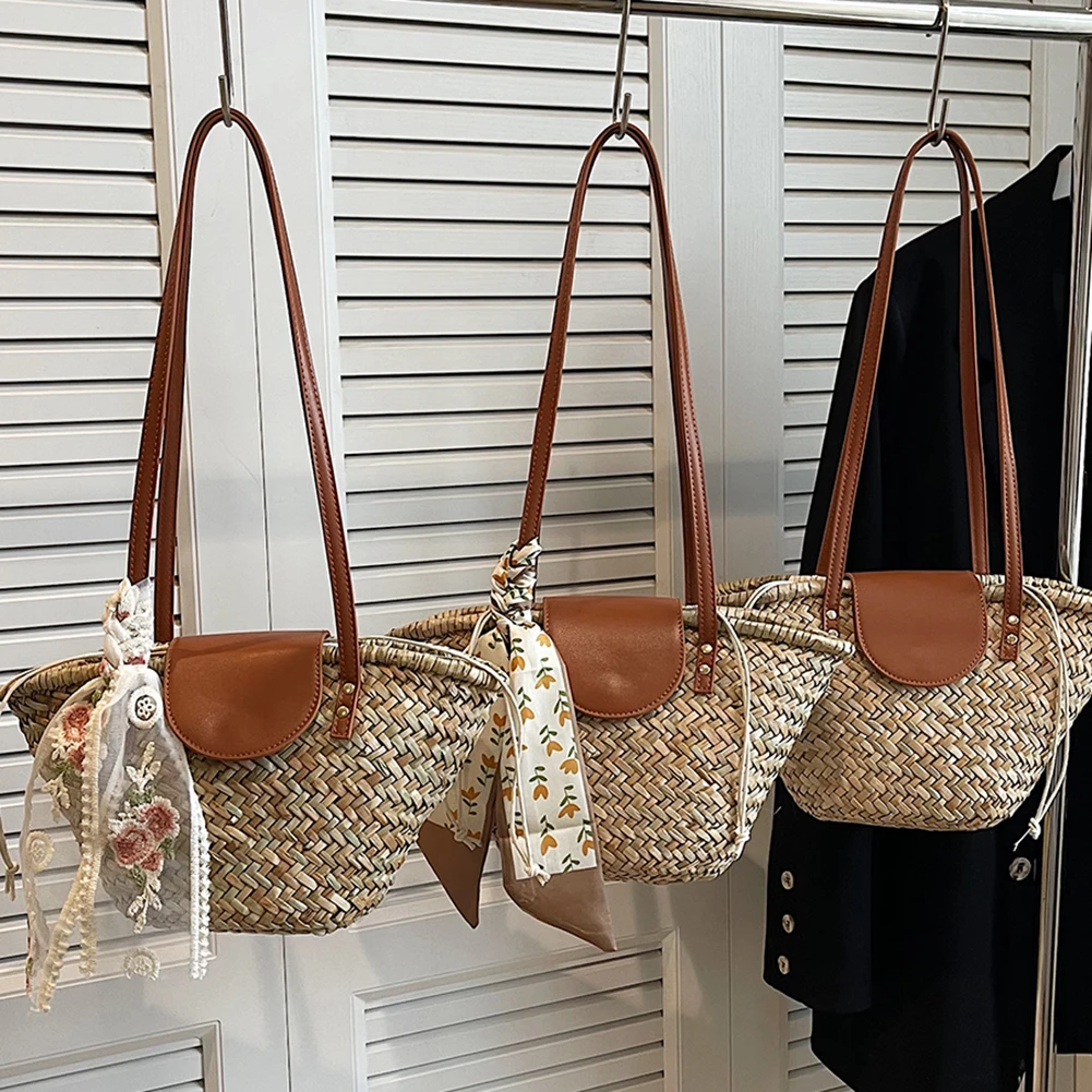 Sac Cabas Paille Tissé Femme - Grand Sac de Plage & Voyage Élégant Sac cabas en paille tissé avec rubans