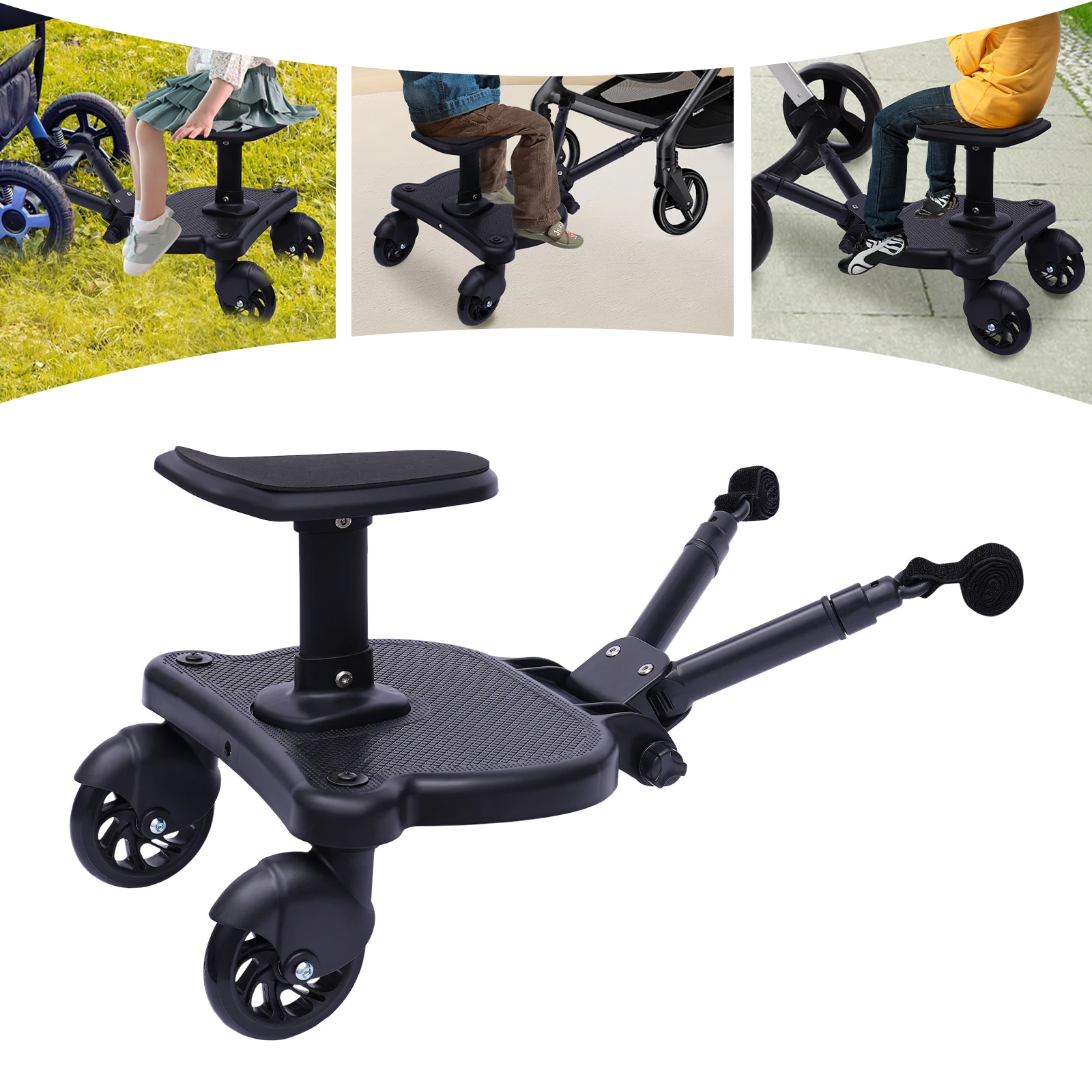Planche à Poussette Universelle 2-en-1 avec Siège pour Enfant Roues rotatives 360 degrés d