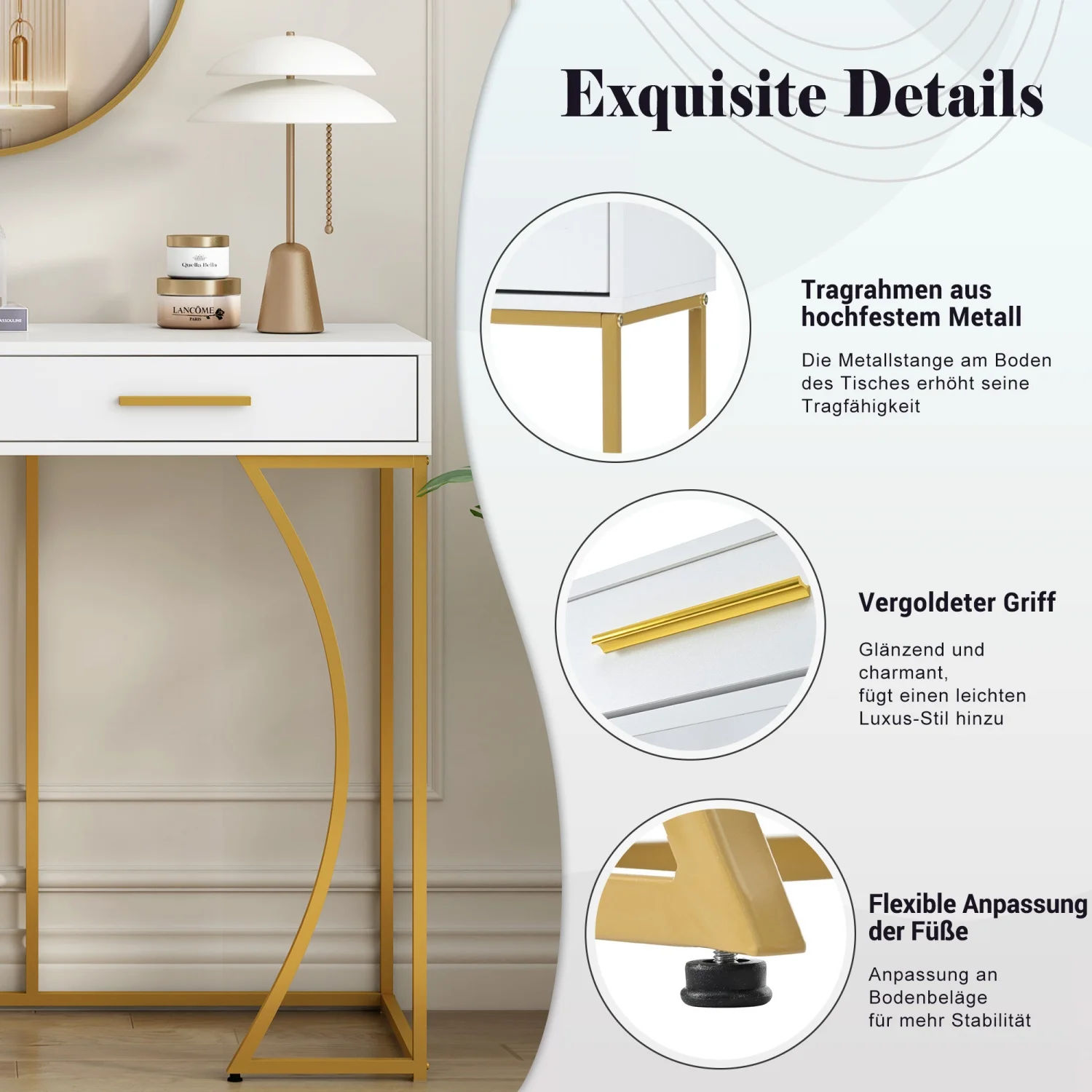 Console Design Luxe Blanche & Dorée - Coiffeuse et Table d'Appoint Tiroir de rangement discret sur console table d