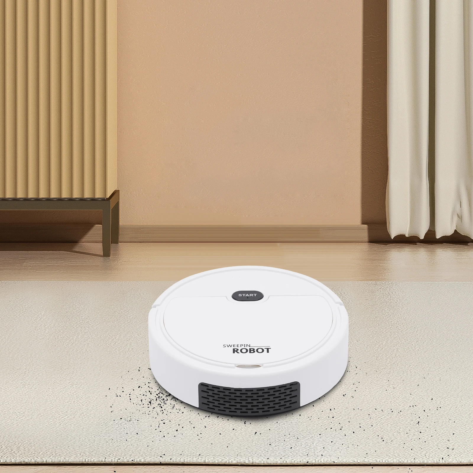 Robot Aspirateur Laveur 3-en-1 - Intelligent Sols & Tapis Vue aérienne du robot aspirateur sur un sol clair, mettant en évidence sa forme ronde