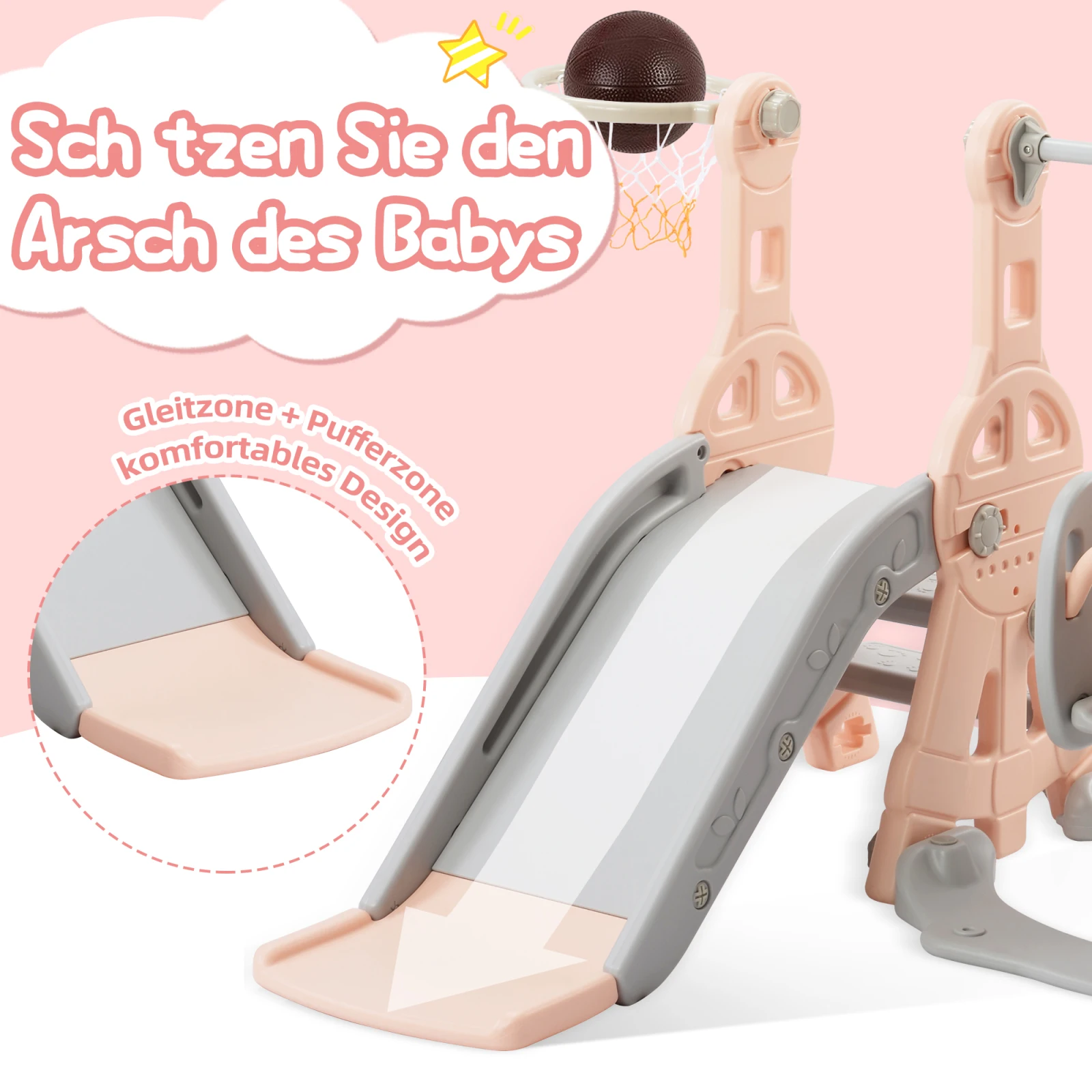 Enfant jouant sur le toboggan rose d'une aire de jeux 4-en-1