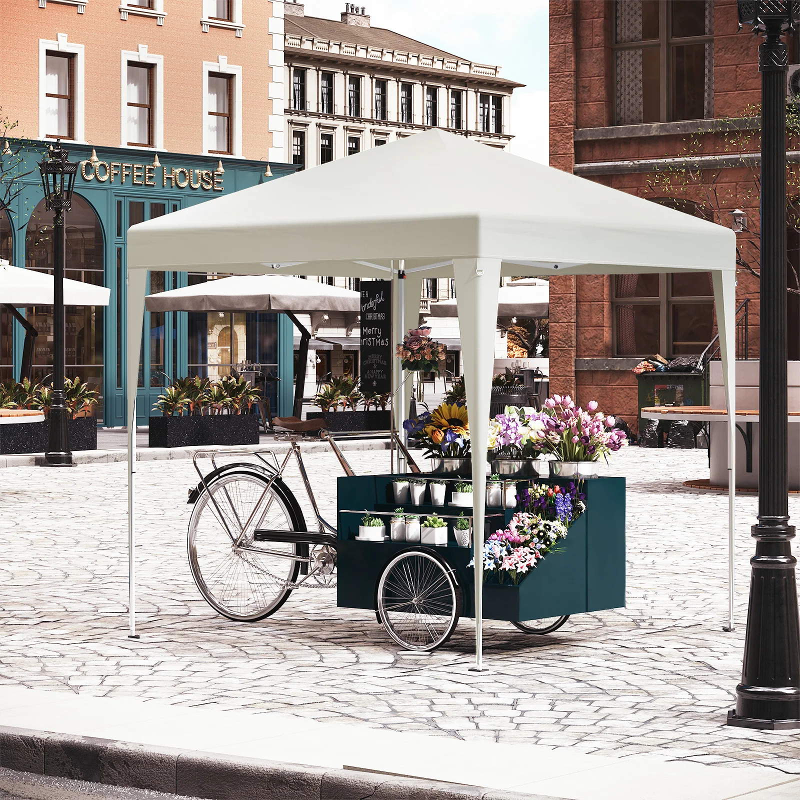 Tonnelle installée sur une terrasse avec mobilier de jardin