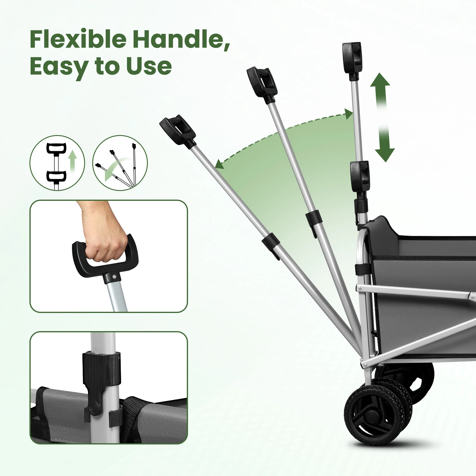 Détail des roues tout-terrain du chariot pliant avec freins