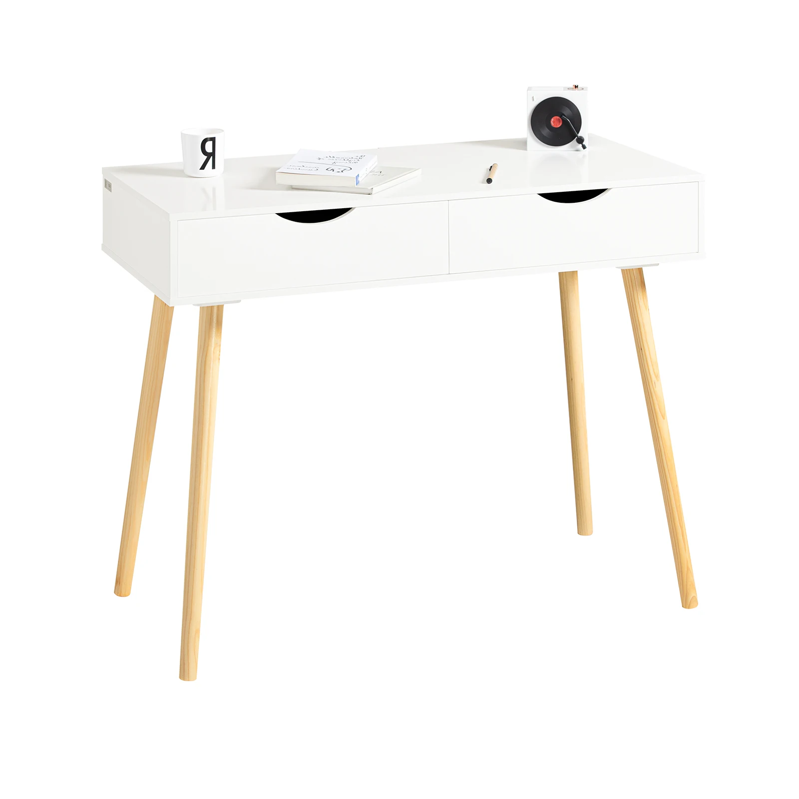 Bureau design compact blanc et bois avec tiroirs