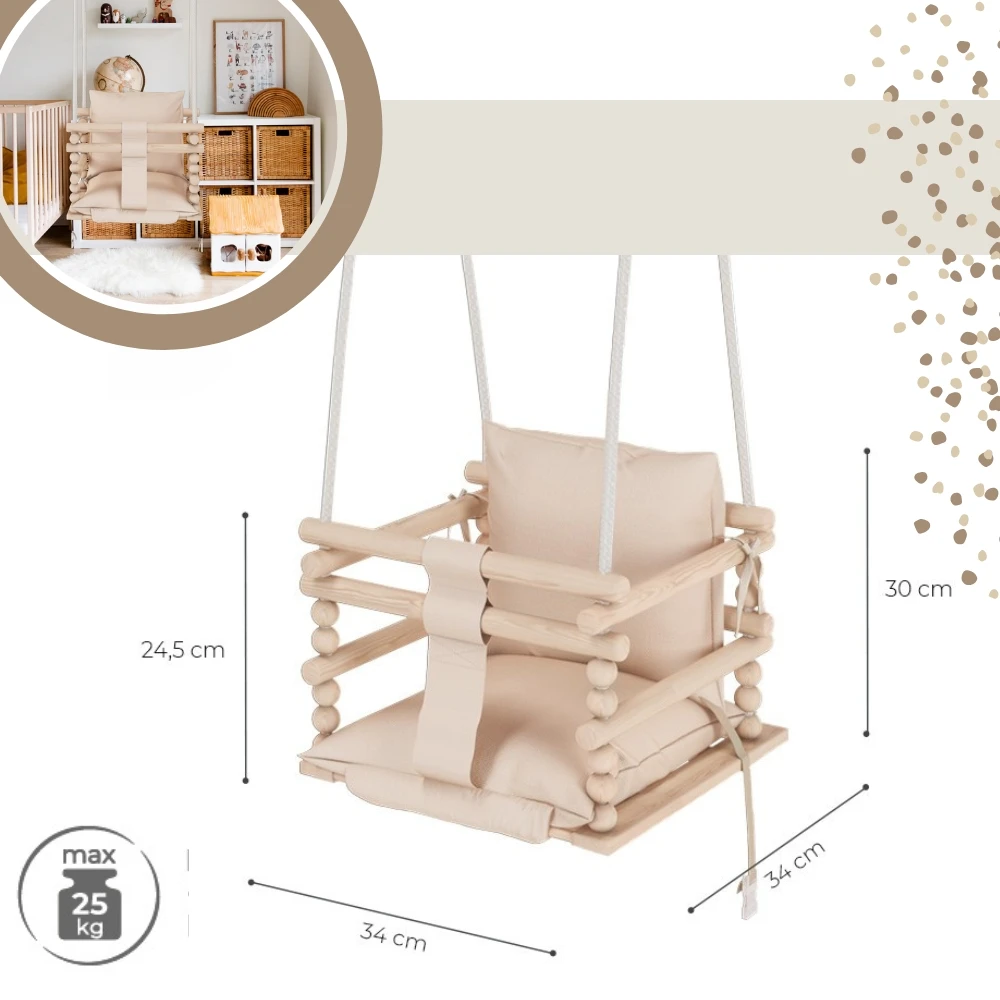 Détail du tissu en coton et des ceintures de sécurité de la balançoire bébé