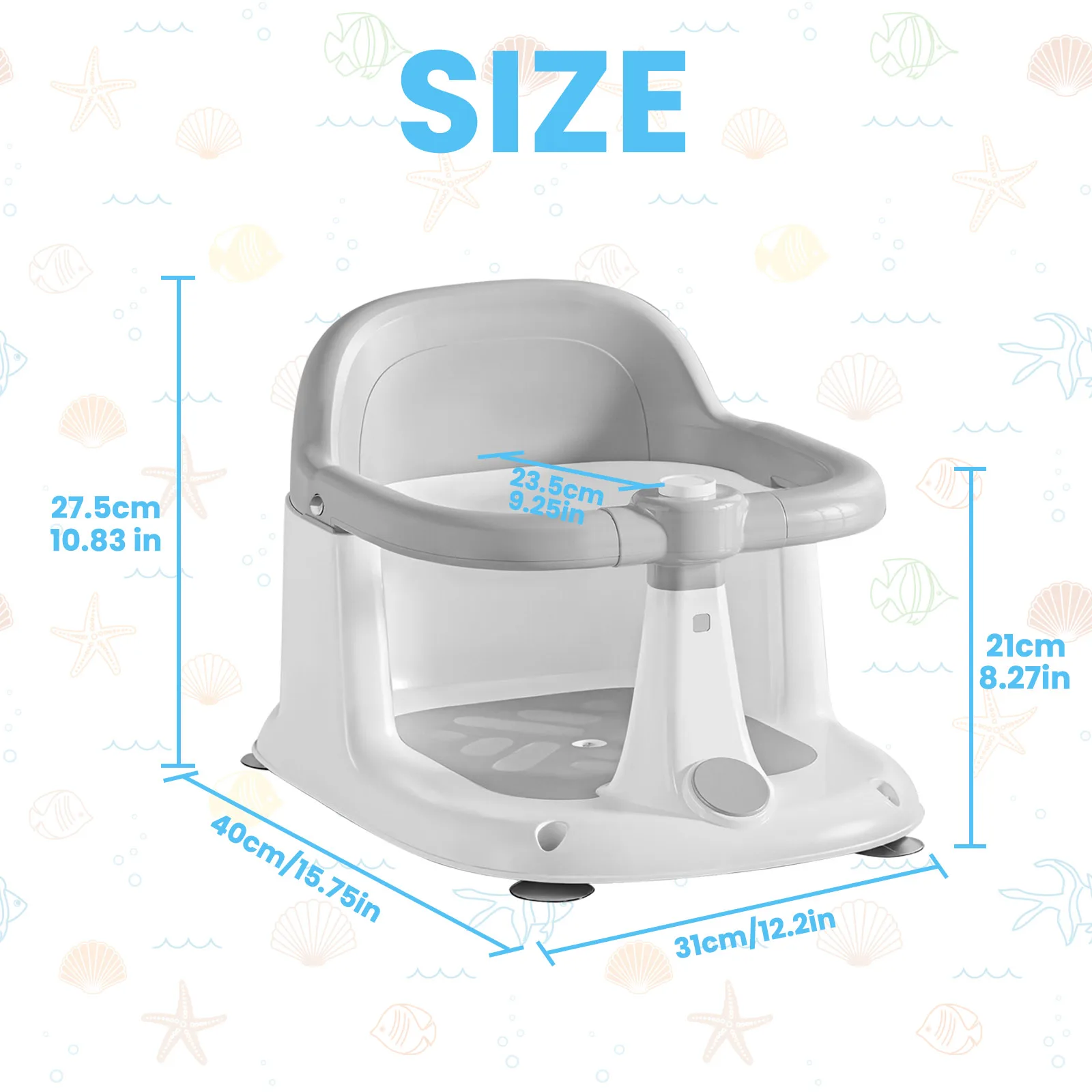 Vue arrière du siège de bain bébé, montrant les ventouses