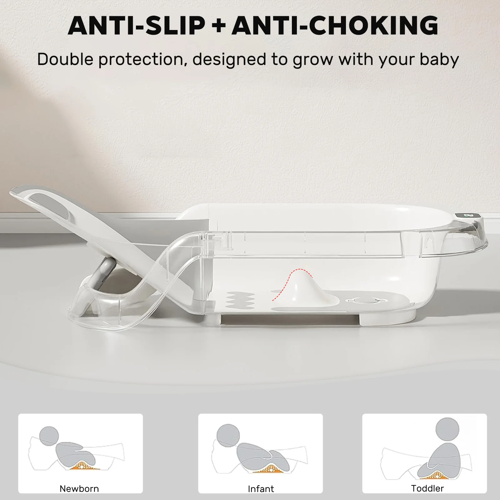 Vue latérale de la baignoire bébé avec support pour nouveau-né