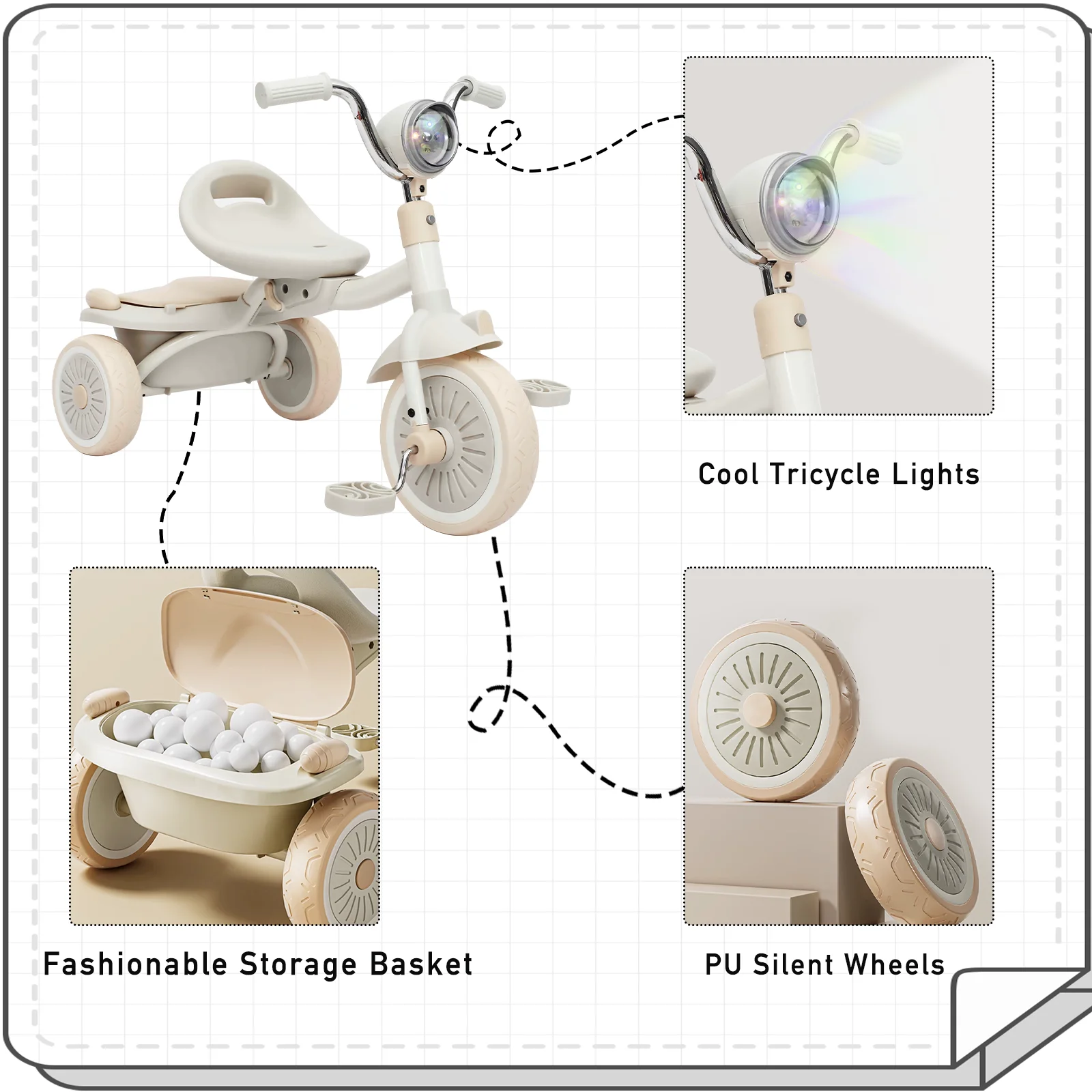 Tricycle enfant avec rangement arrière et lumières cool