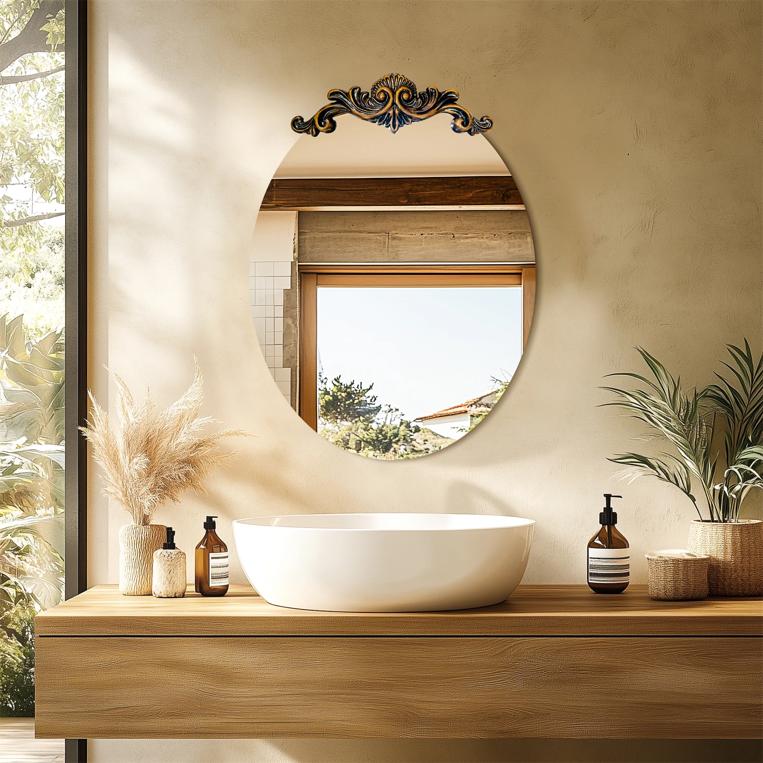 Miroir ovale baroque doré sur mur clair