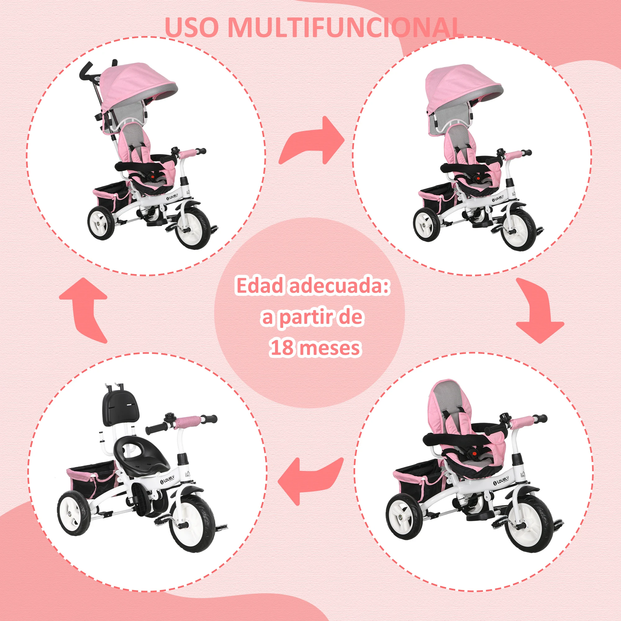 Dimensions détaillées du tricycle bébé Homcom rose