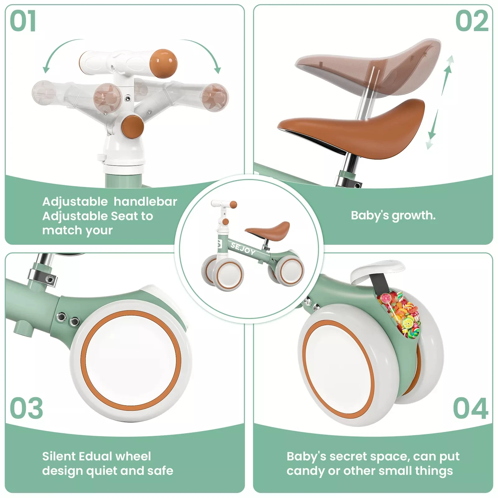 Enfant souriant sur un vélo d'équilibre Sejoy