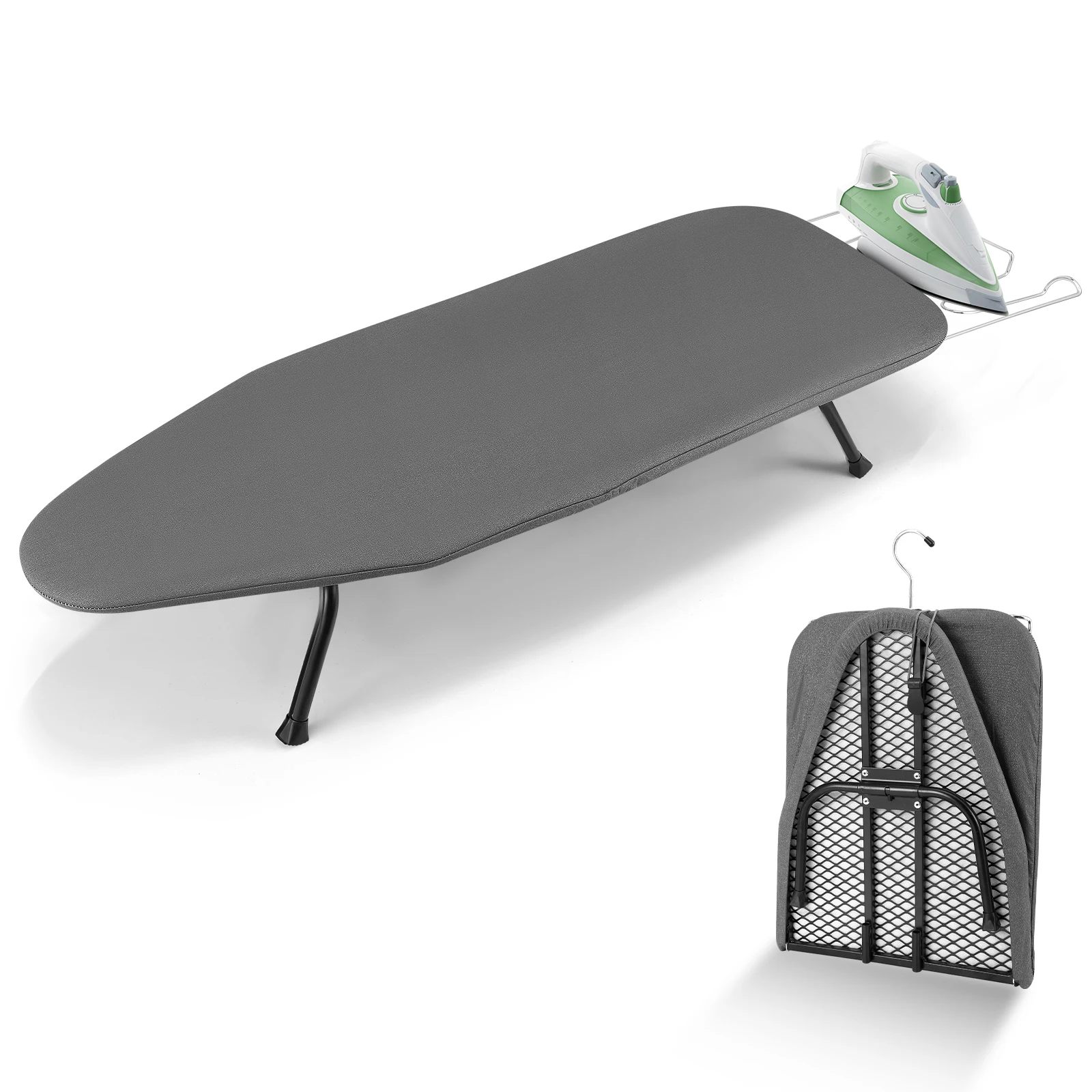Planche à repasser pliable grise dépliée avec repose-fer